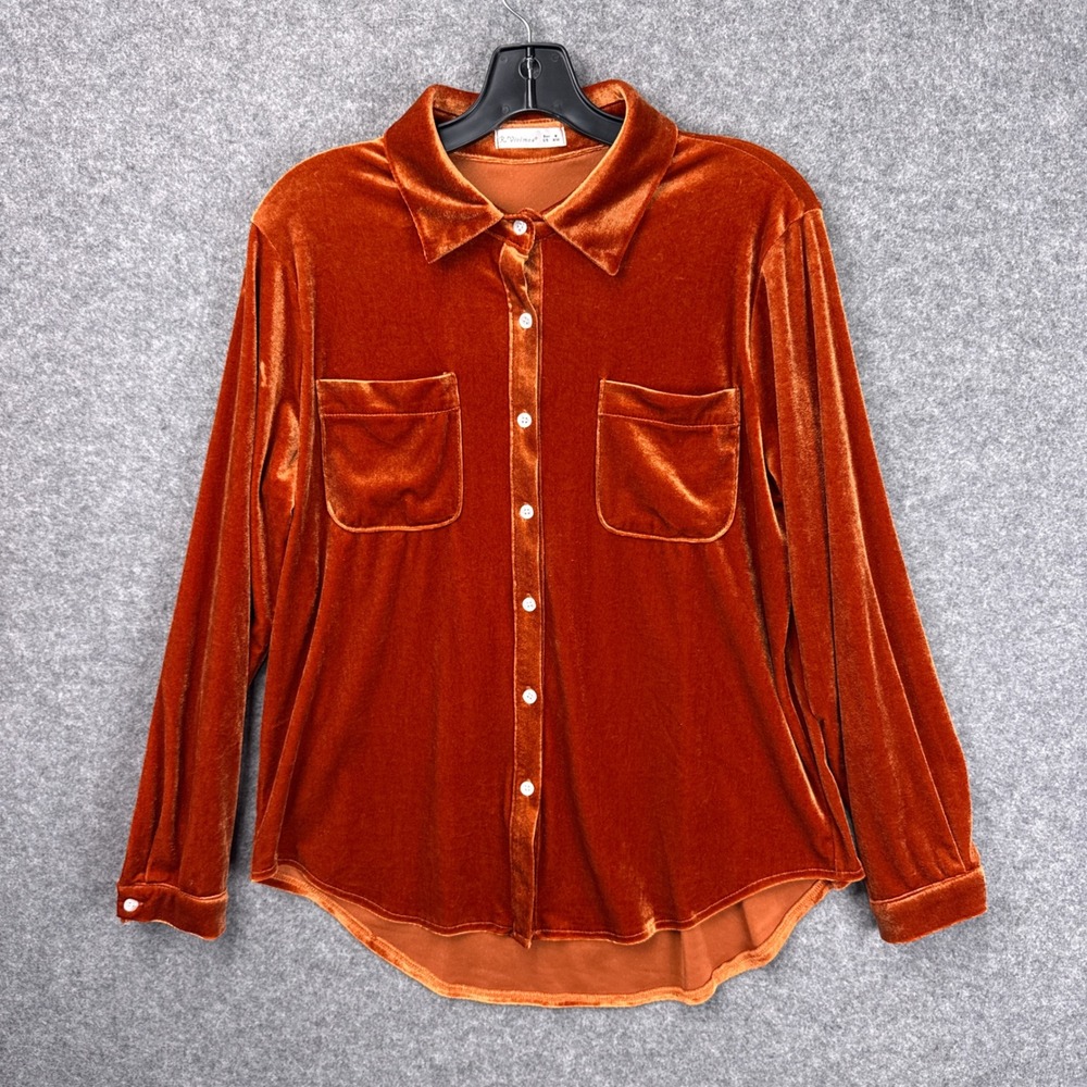 R. Vivimos Velvet Button Down Shirt Size M Burnt Orange Long Sleeve Boho Top